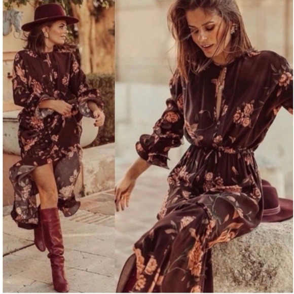 Johanna Ortiz X H&M NWOT Brown Floral Dress Small Hi Low Maxi Ruffle Tiered - Picture 2 of 16